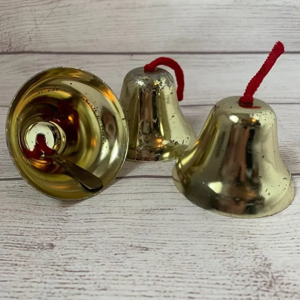Vintage Gold Metal Bells Set of 3 with Red Strings 3